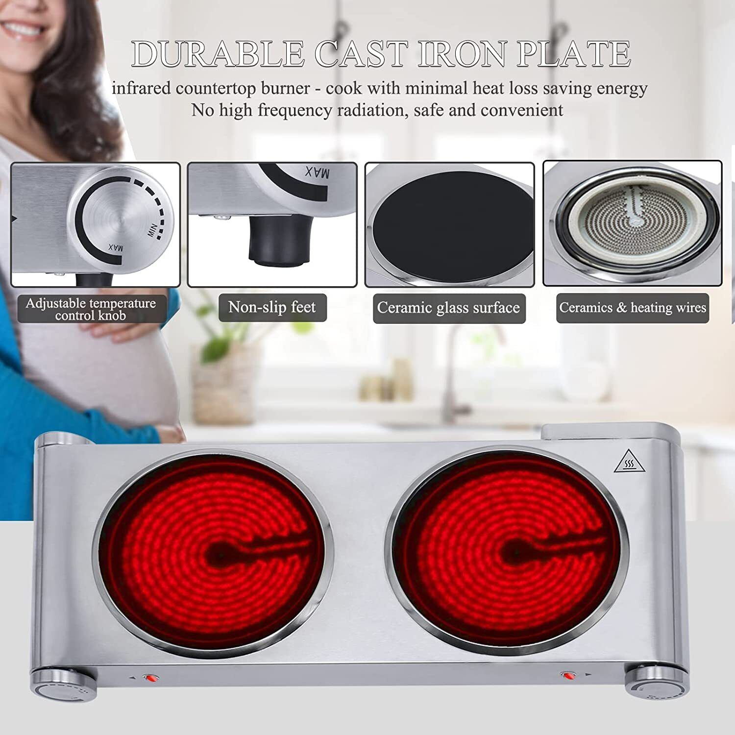 1800W Ceramic Burner Electric Hot Plate Dual Control Infrared Countertop Cooktop - Fresh Stock Dated January 2026