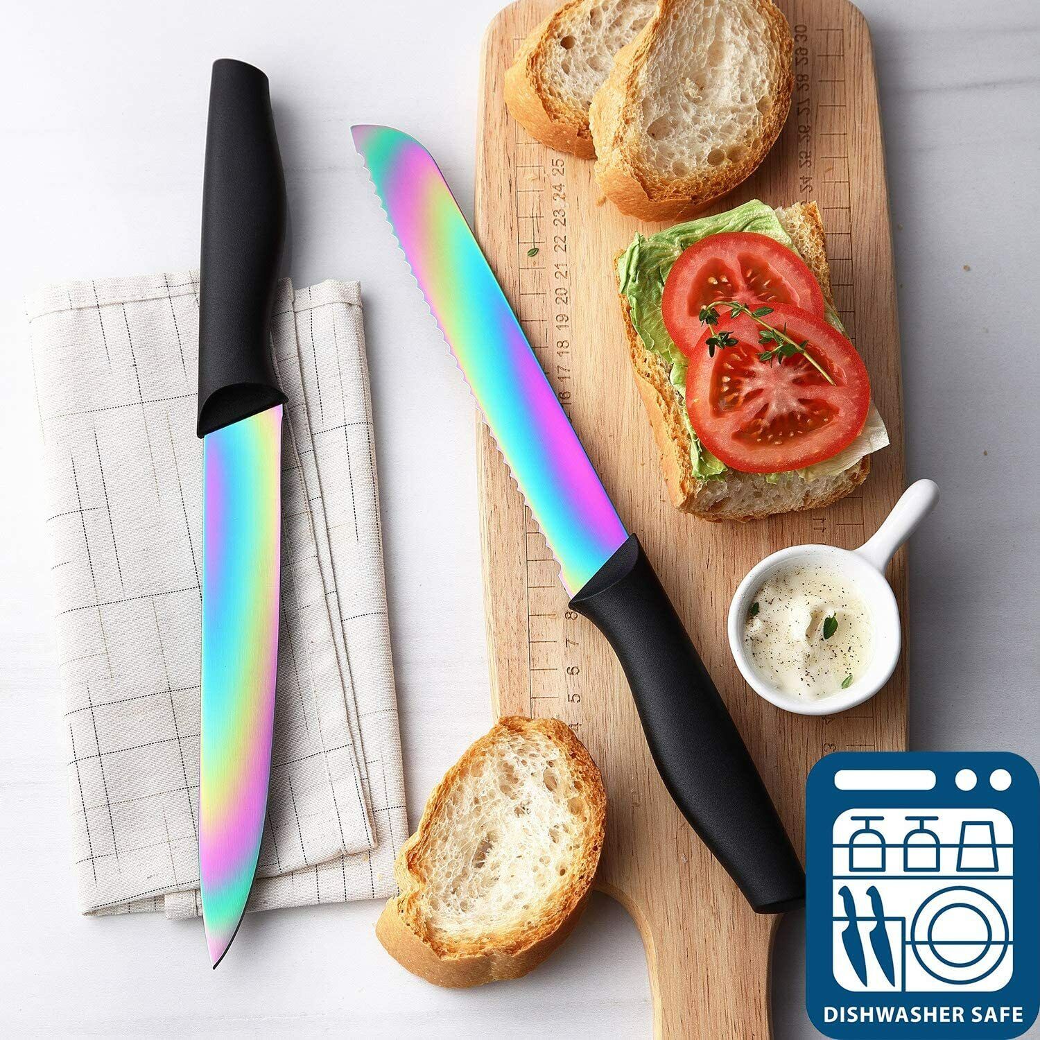14pcs Rainbow Kitchen Knife Block Set Stainless Steel Knife Set with Block - Fresh Stock Dated February 2026