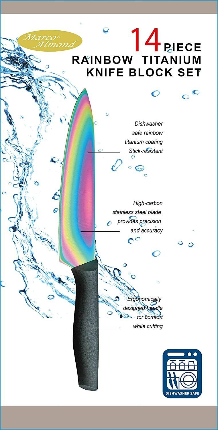 14pcs Rainbow Kitchen Knife Block Set Stainless Steel Knife Set with Block - Fresh Stock Dated February 2026