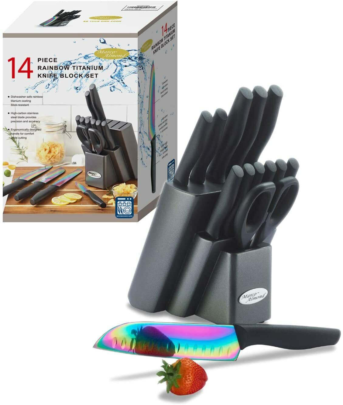 14pcs Rainbow Kitchen Knife Block Set Stainless Steel Knife Set with Block - Fresh Stock Dated February 2026
