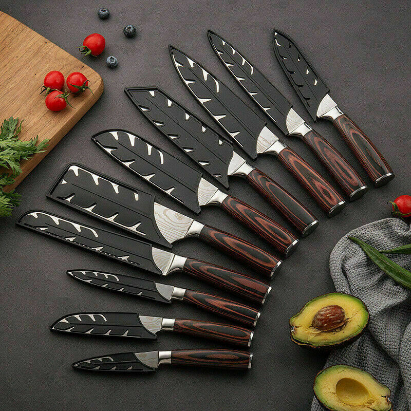 10pcs Kitchen Knife Set Stainless Steel Chef Knife Sharp Wood Handle w/Sharpener - Fresh Stock Dated February 2026