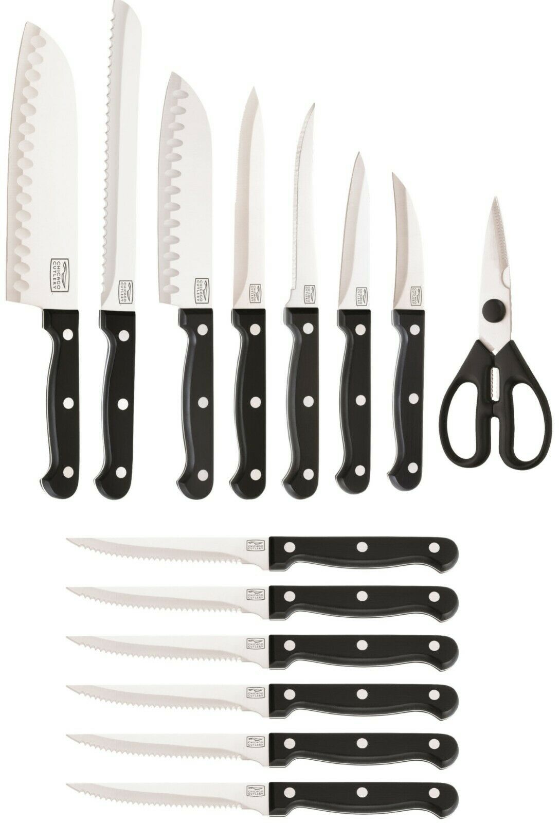 Chicago Cutlery C01034 Essentials 15 Piece Fixed Blade Knife Full Tang Block Set - Fresh Stock Dated January 2026