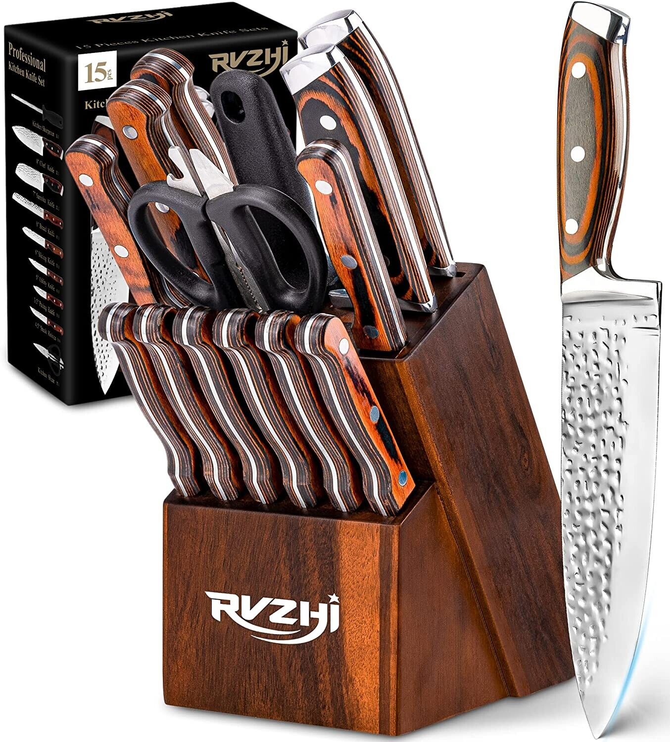 Knife Set, 15-Piece Kitchen Knife Set with Block Wooden German Stainless Steel - Fresh Stock Dated February 2026