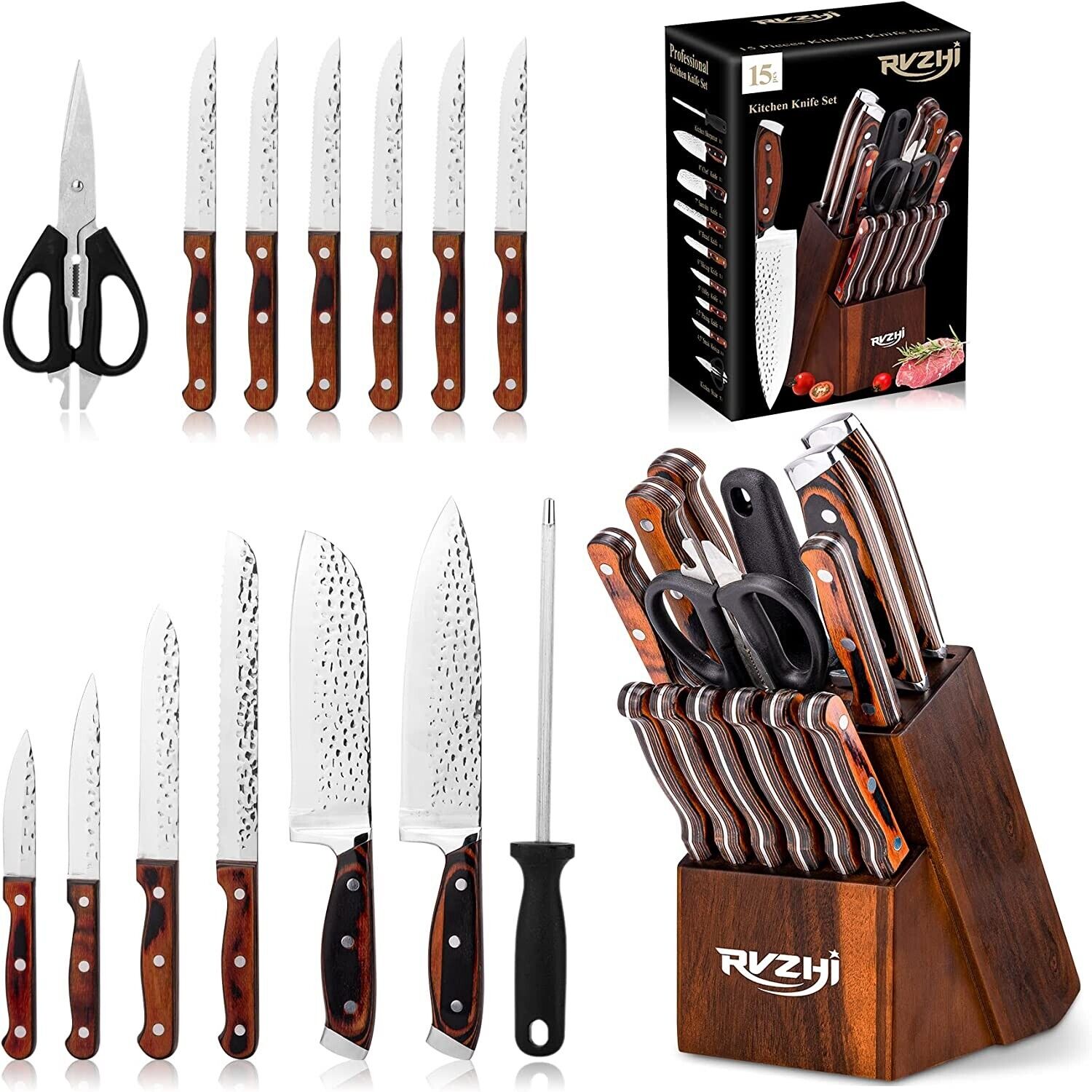 Knife Set, 15-Piece Kitchen Knife Set with Block Wooden German Stainless Steel - Fresh Stock Dated February 2026