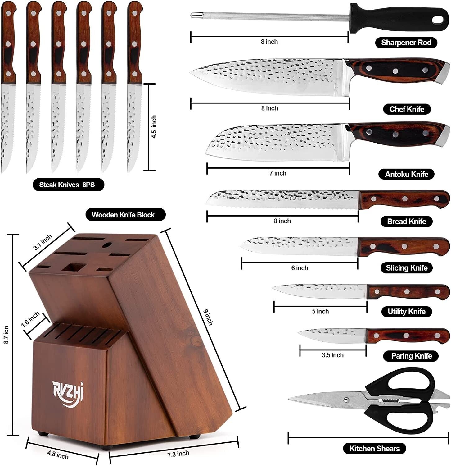 Knife Set, 15-Piece Kitchen Knife Set with Block Wooden German Stainless Steel - Fresh Stock Dated February 2026