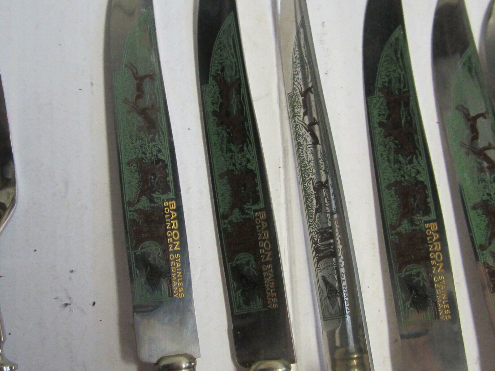 VINTAGE BARON 6 STEAK KNIVES AND 6  FORKS WITH ANTLER HANDLES MADE IN GERMANY - Fresh Stock Dated January 2026