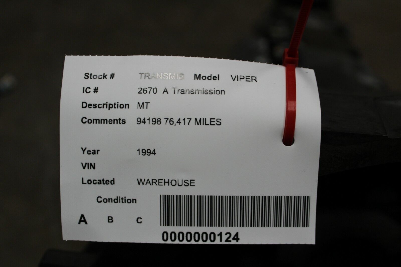 92 93 94 95 Dodge Viper Transmission OEM Used # 94198 76,417 Miles - Fresh Stock Dated January 2026