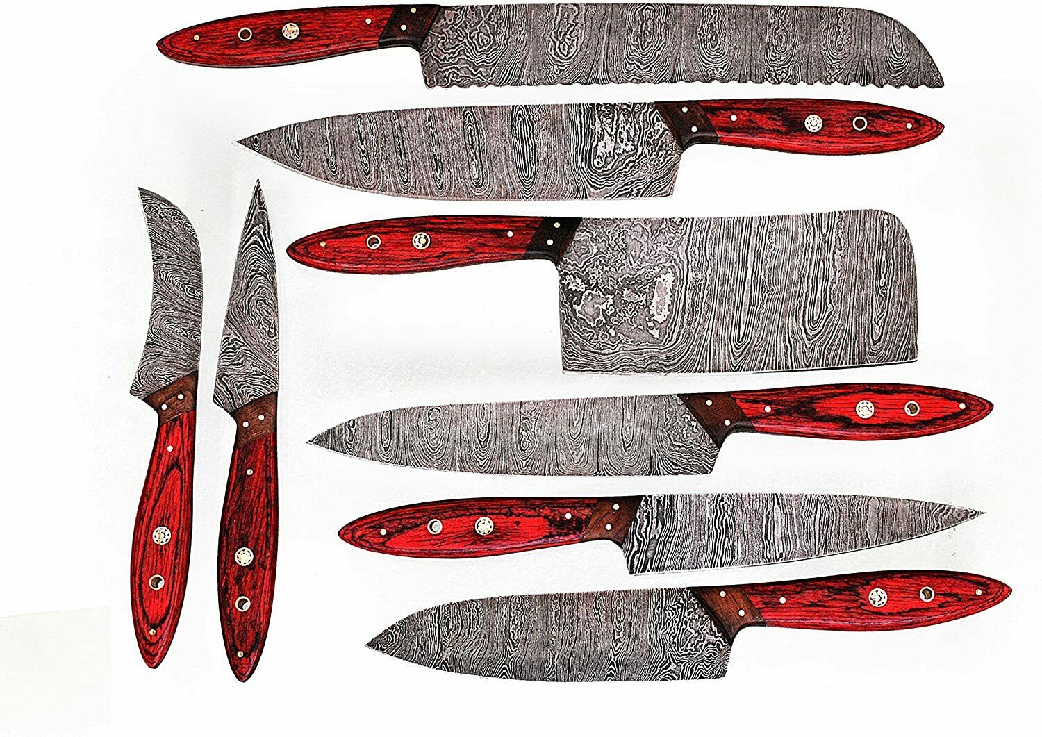 HAND MADE DAMASCUS BLADE 8 PCS KITCHEN/CHEF KNIFE SET 1046-8RD with sheet - Fresh Stock Dated January 2026