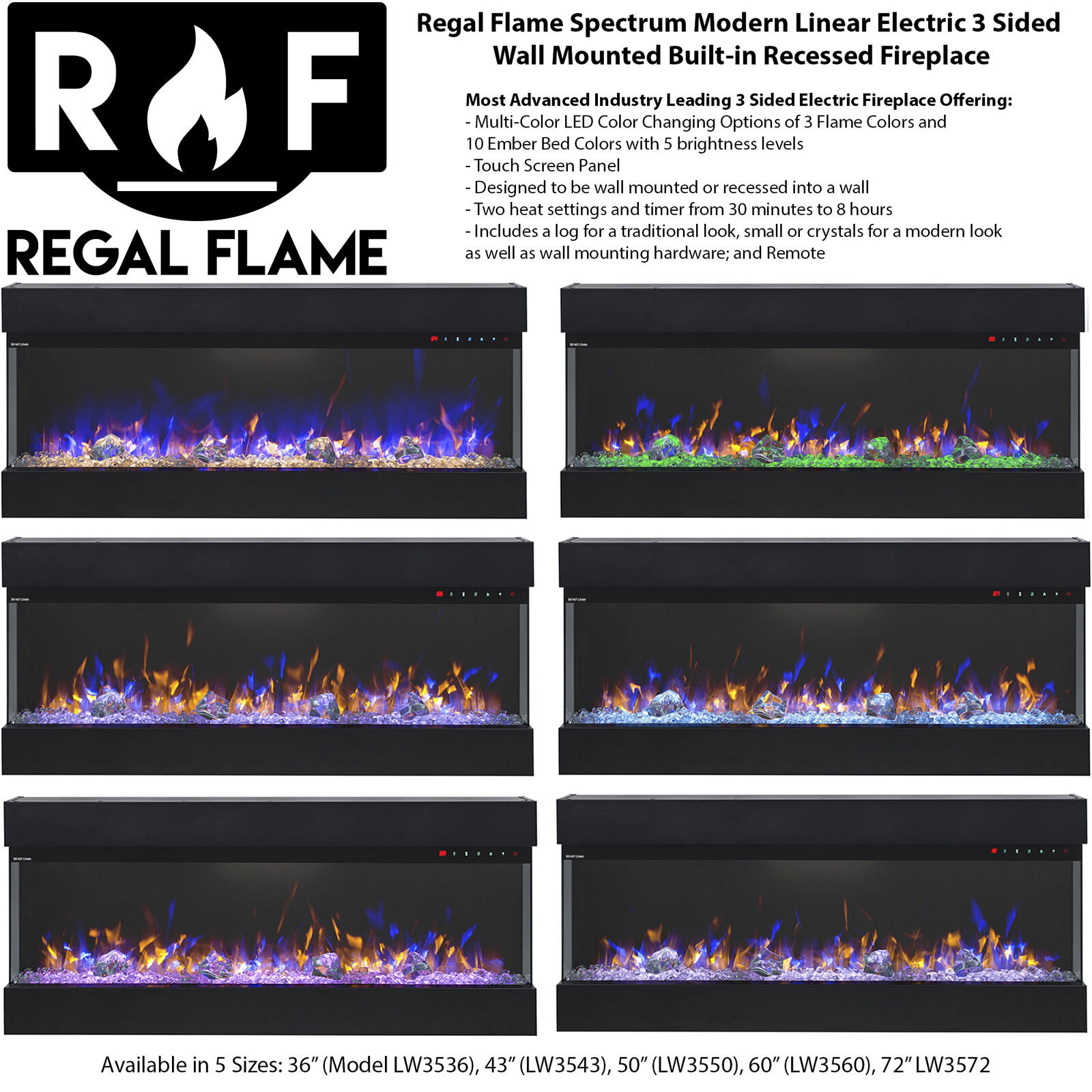 New Regal Flame Spectrum Modern Linear Electric 3 Sided Wall Mounted Fireplace - Fresh Stock Dated January 2026