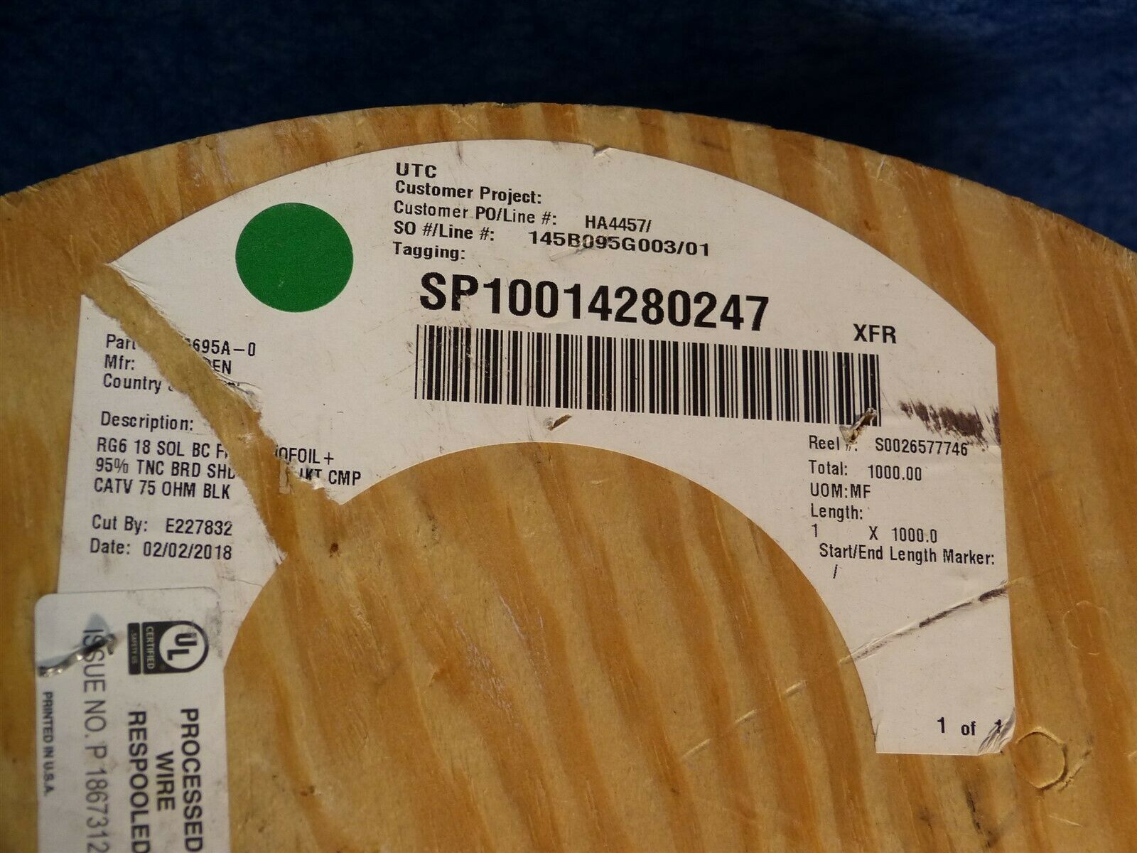 Belden 1695A RG6 Plenum SDI/HDTV Coaxial Cable 75Ohm 6ghz 1000' Spool - Fresh Stock Dated December 2025