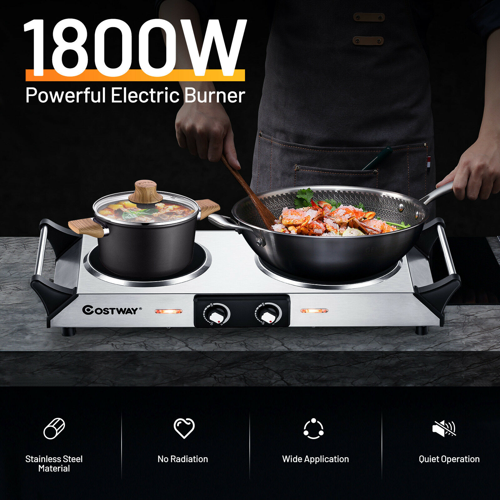 Costway Electric Hot Plate Cooktop Ceramic Double Burner 1800W Infrared w/Handle - Fresh Stock Dated February 2026