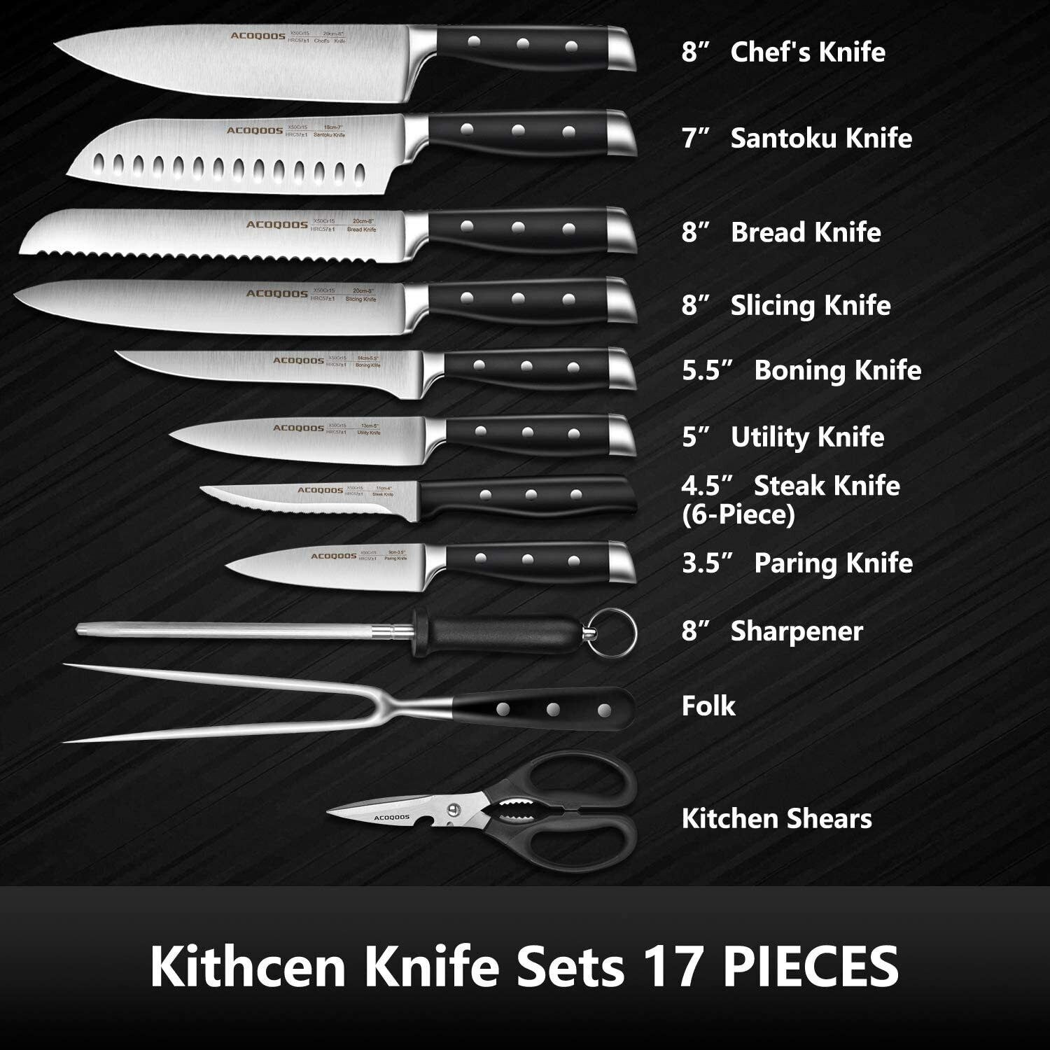 Knife Set, 17-Piece Kitchen Knife Set with Block Wooden German Stainless Steel - Fresh Stock Dated February 2026