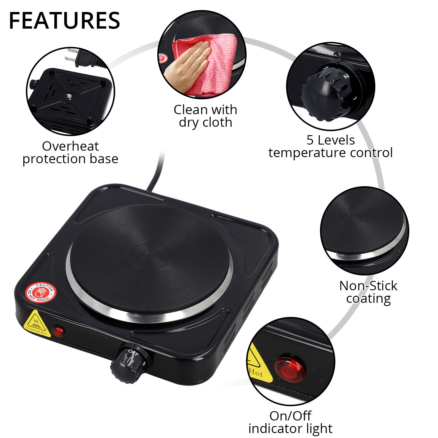 HOMESMART Black Single Electric Burner Hot Plate 5 Level Temperature Control - Fresh Stock Dated February 2026