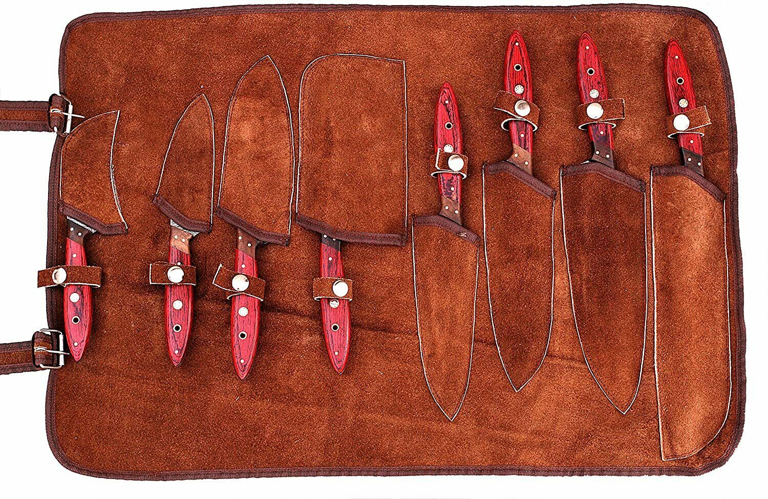 HAND MADE DAMASCUS BLADE 8 PCS KITCHEN/CHEF KNIFE SET 1046-8RD with sheet - Fresh Stock Dated January 2026