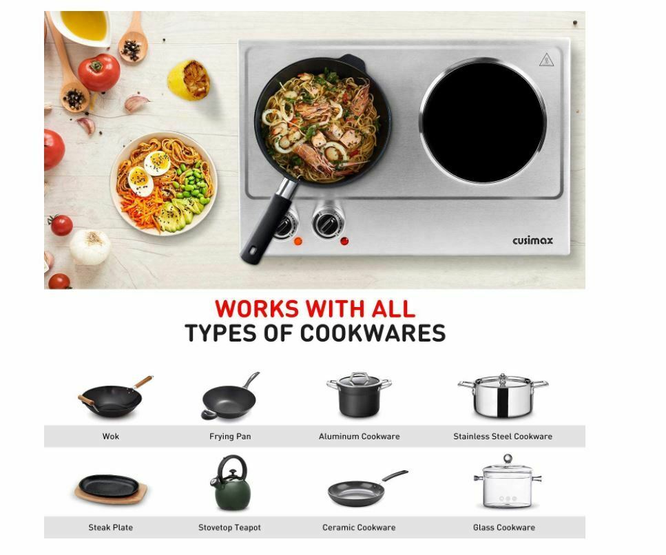Cusimax Hot Plate,1800w Ceramic Electric Double Burner for Cooking Infrared Cook - Fresh Stock Dated February 2026