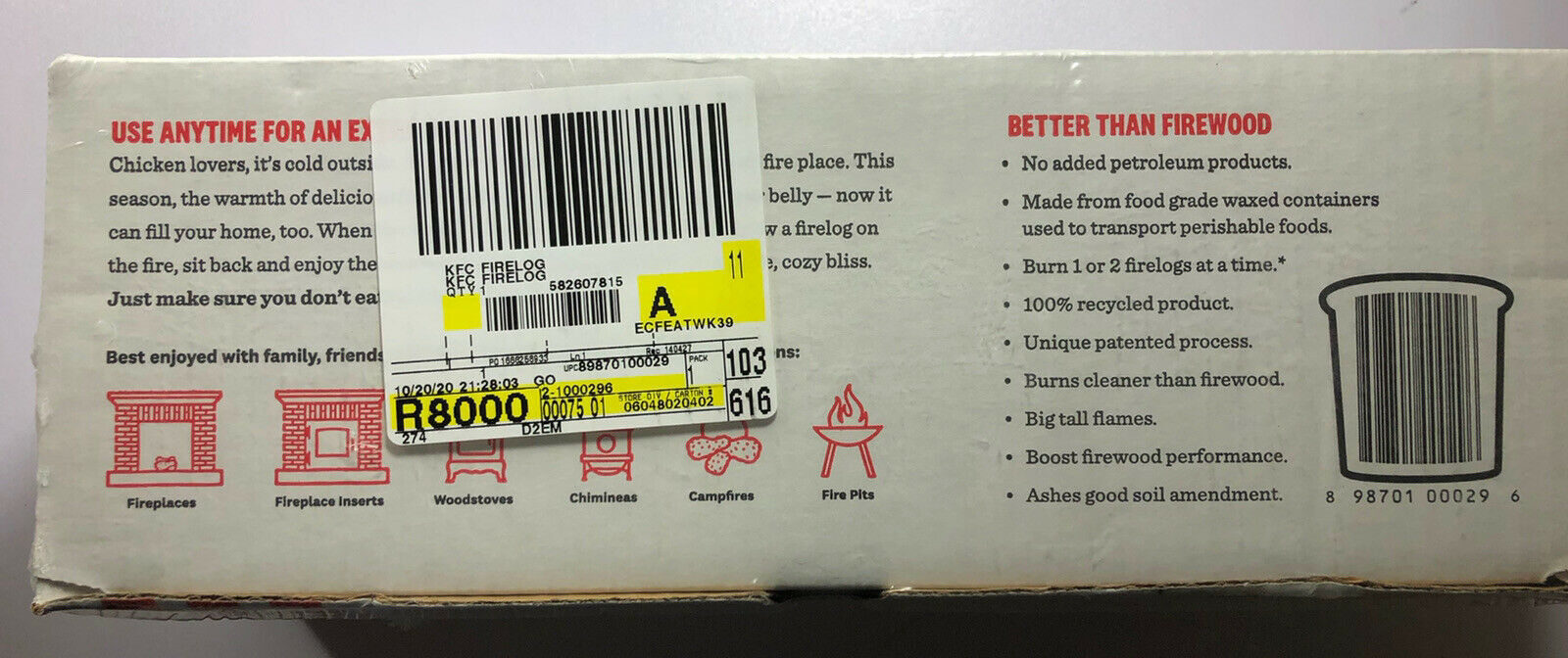 KFC Firelog with 11 Herbs and Spices by Enviro-Log - Limited Edition - 2020 - Fresh Stock Dated December 2025