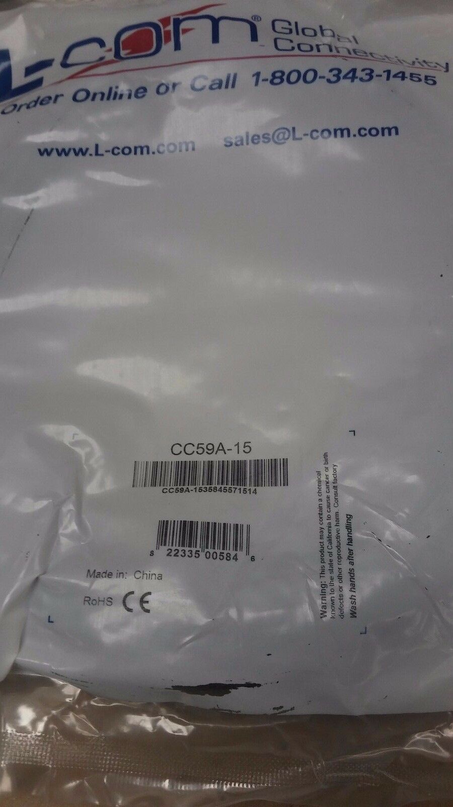 L-COM CC59A-15 BNC Male Male 15 ft RG59A Coaxial Cable - Fresh Stock Dated December 2025