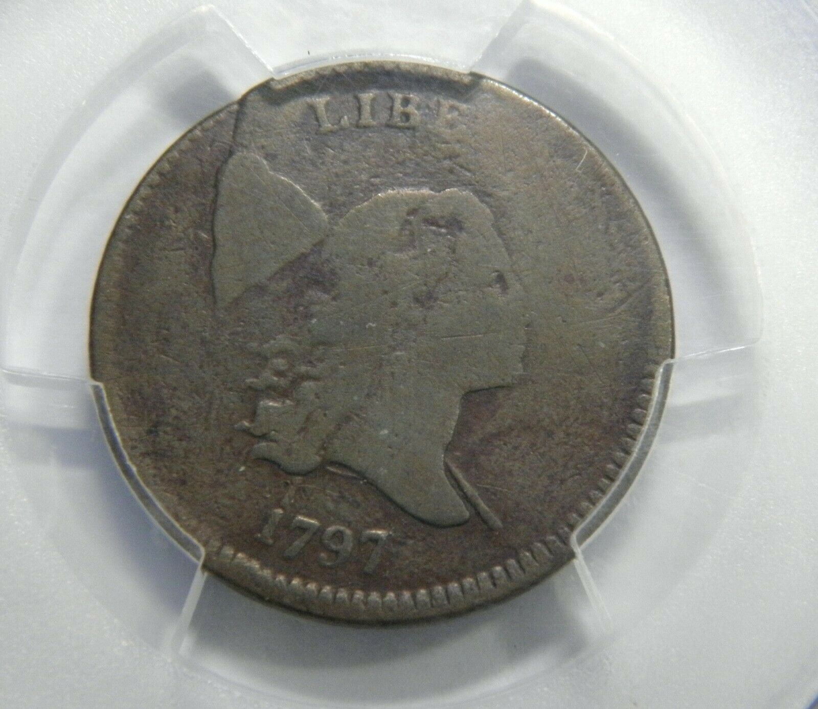 1797 LIBERTY CAP 1/2c 1OVER1 PCGS SECURE G-DET. LOOKS MUCH NICER THAN IT SOUNDS - Fresh Stock Dated December 2025