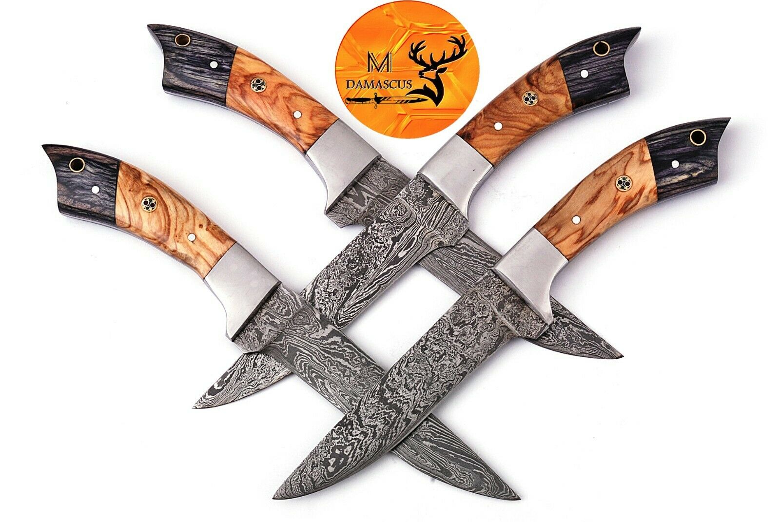 FOUR DAMASCUS STEEL STEAK CHEF KNIVES WITH WOOD & STEEL BOLSTER HANDLE - AJ 1399 - Fresh Stock Dated January 2026