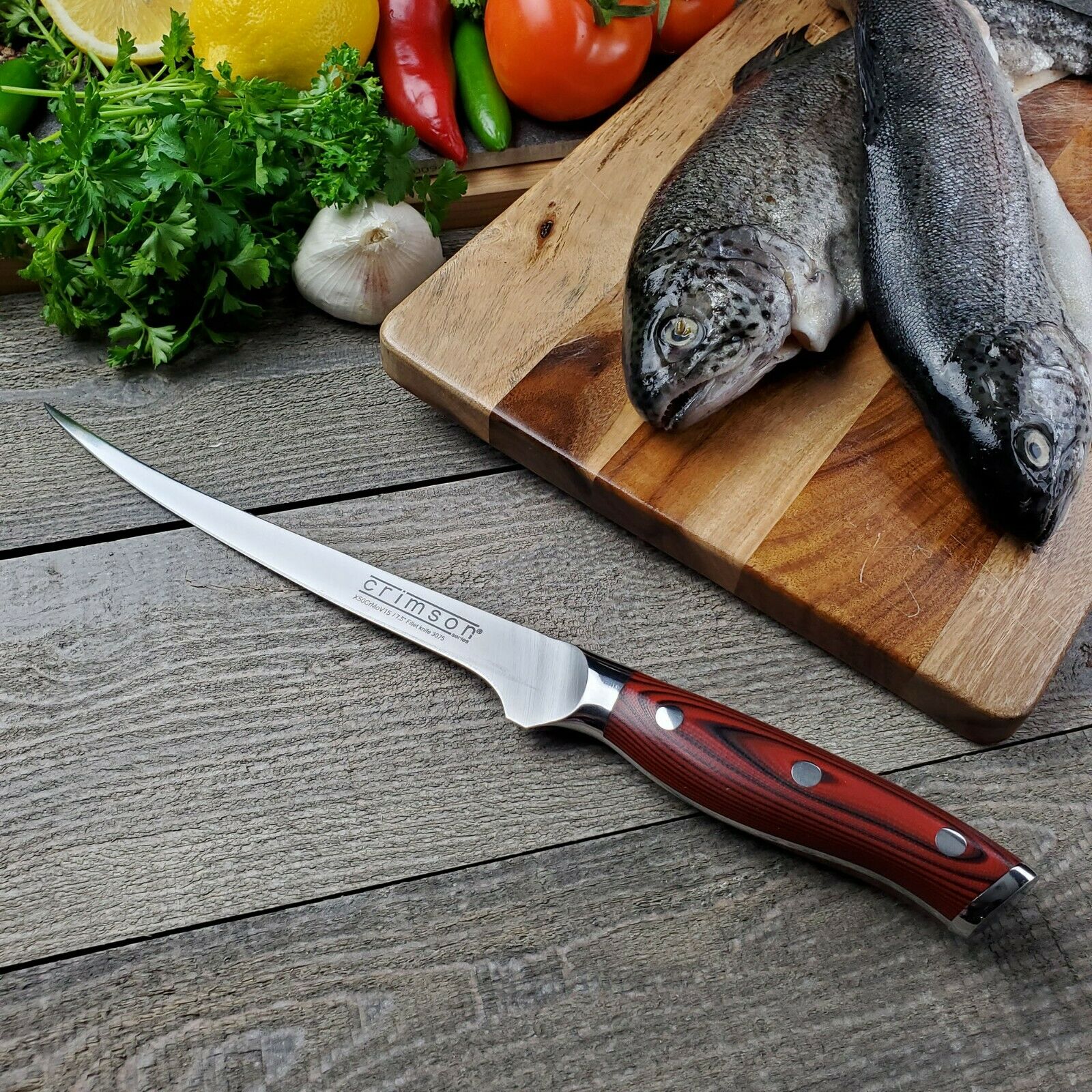 7.5 Inch Fish Fillet Knife CRIMSON Series German Stainless G10 Handle Ergo Chef - Fresh Stock Dated February 2026