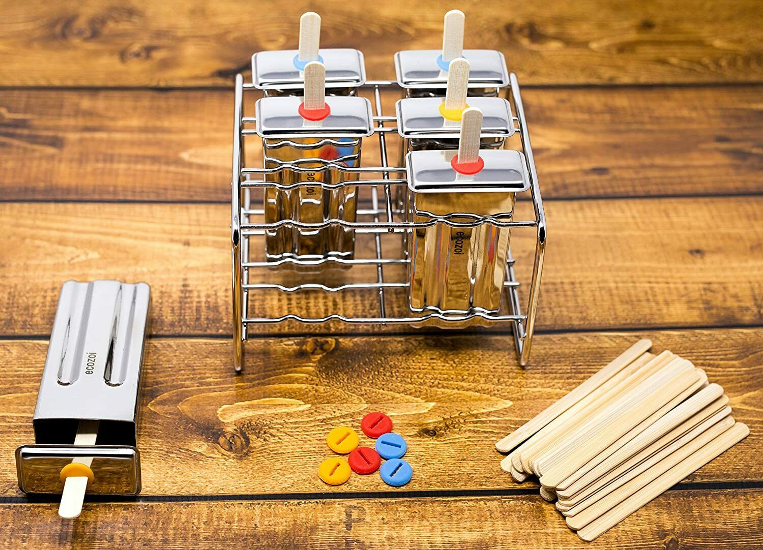 Eco-Safe Stainless Steel Popsicle Molds and Rack 6 Ice Pop Makers - Fresh Stock Dated February 2026