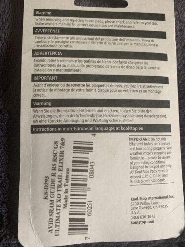 Kool-Stop Disc Brake Pad Fits SRAM Guide Avid SRAM XO Trail Hi-Performance New - Fresh Stock Dated December 2025