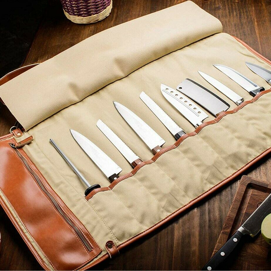 10 Slot Japanese Genuine Leather Chef Knife Roll Bag Leather Knives Storage Case - Fresh Stock Dated February 2026