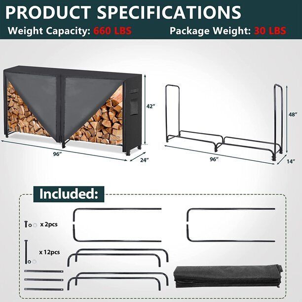 8' Firewood Rack with Oxford Cover, Combo - Fresh Stock Dated December 2025