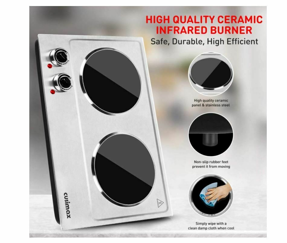 Cusimax Hot Plate,1800w Ceramic Electric Double Burner for Cooking Infrared Cook - Fresh Stock Dated February 2026