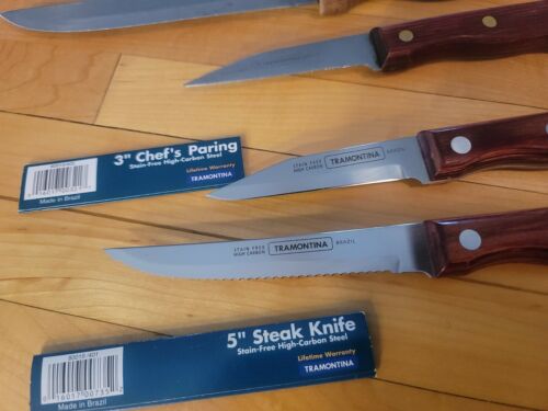 Tramontina  Knife lot Wood Handle High Carbon Steel  Made in Brazil new & used - Fresh Stock Dated January 2026