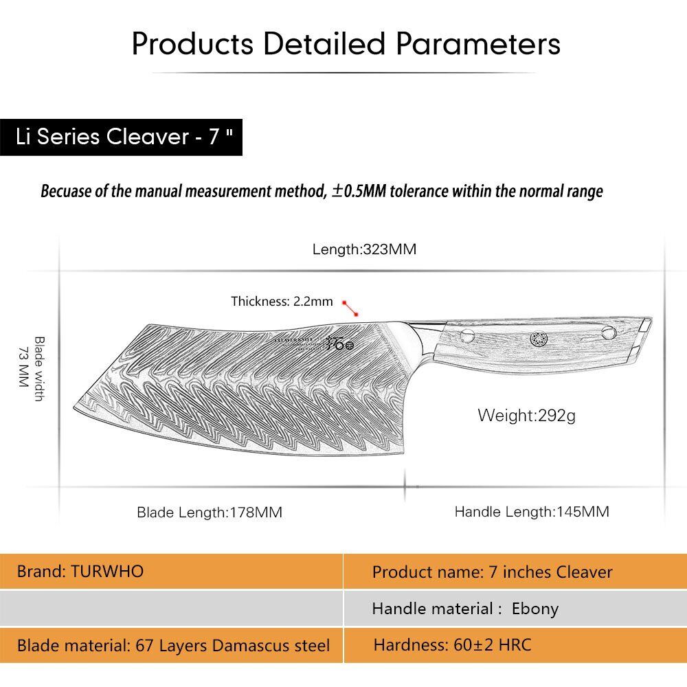 TURWHO 7inch Cleaver Knife 67-Layer Japanese VG10 Damascus Steel Chef Knives - Fresh Stock Dated January 2026
