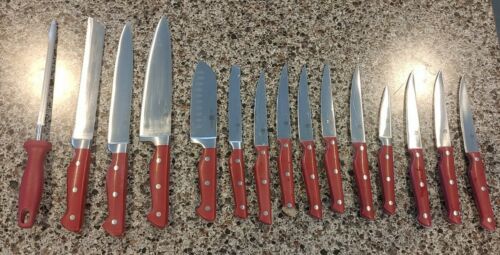 15 pc Paula Deen Red Handled Knife Acacia Wood block set * missing scissors - Fresh Stock Dated January 2026