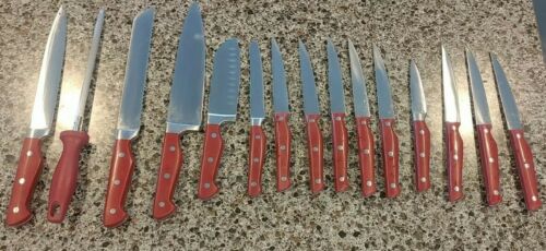 15 pc Paula Deen Red Handled Knife Acacia Wood block set * missing scissors - Fresh Stock Dated January 2026