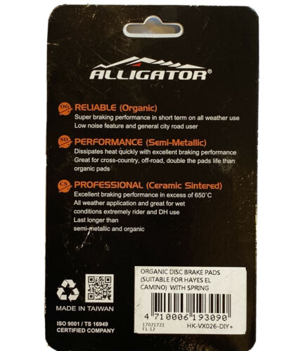 Alligator Organic Disc Brake Pads With Spring For Hayes El Camino New - Fresh Stock Dated December 2025
