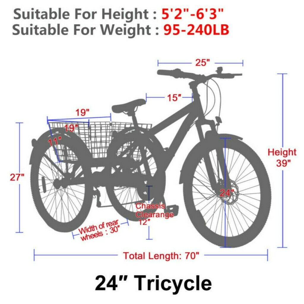 24inch Mountain Tricycle 7 Speed Adult Trikes Shopping Bicycle with Rear Basket - Fresh Stock Dated January 2026