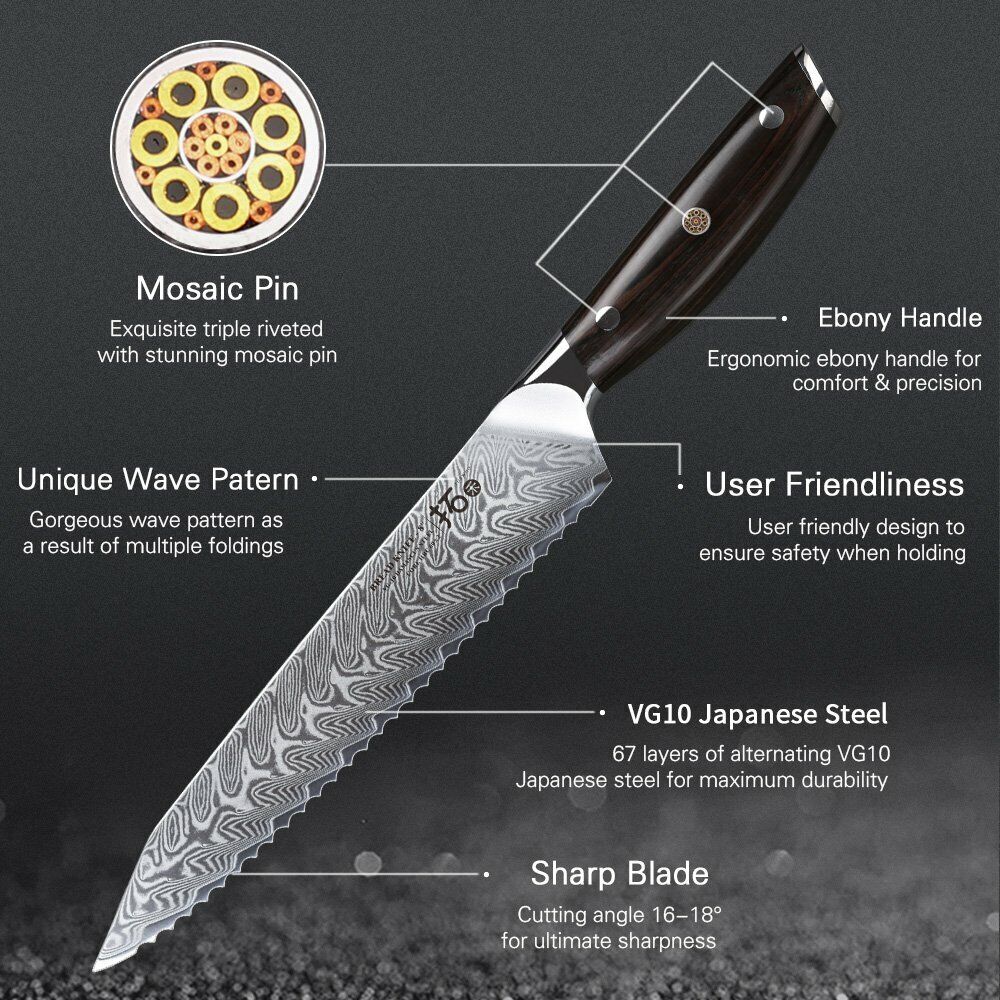 TURWHO 8inch Bread Knife 67-Layer Japanese VG10 Damascus Steel Kitchen Knife - Fresh Stock Dated January 2026