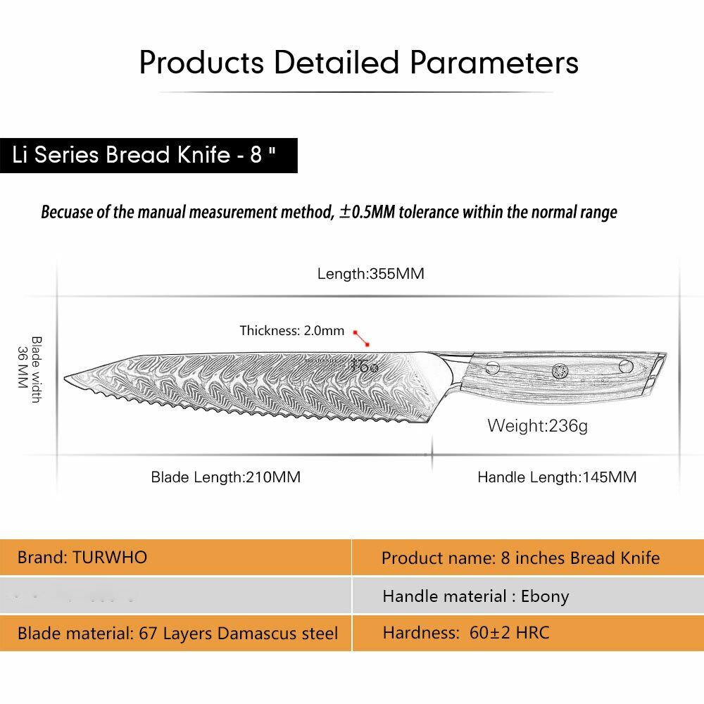 TURWHO 8inch Bread Knife 67-Layer Japanese VG10 Damascus Steel Kitchen Knife - Fresh Stock Dated January 2026