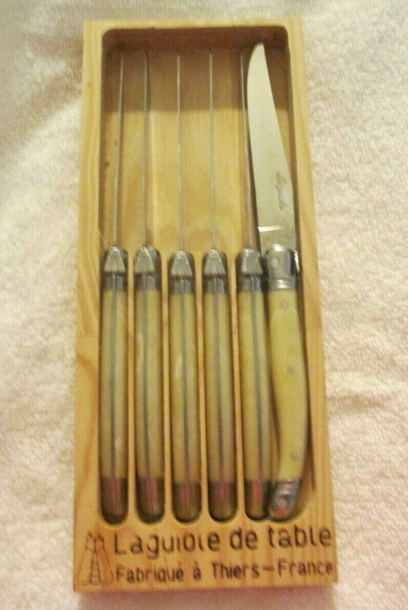 Vintage Set Of 6 Laguiole Jean Dubest Steak Knives Bee Handle Stainless France - Fresh Stock Dated February 2026