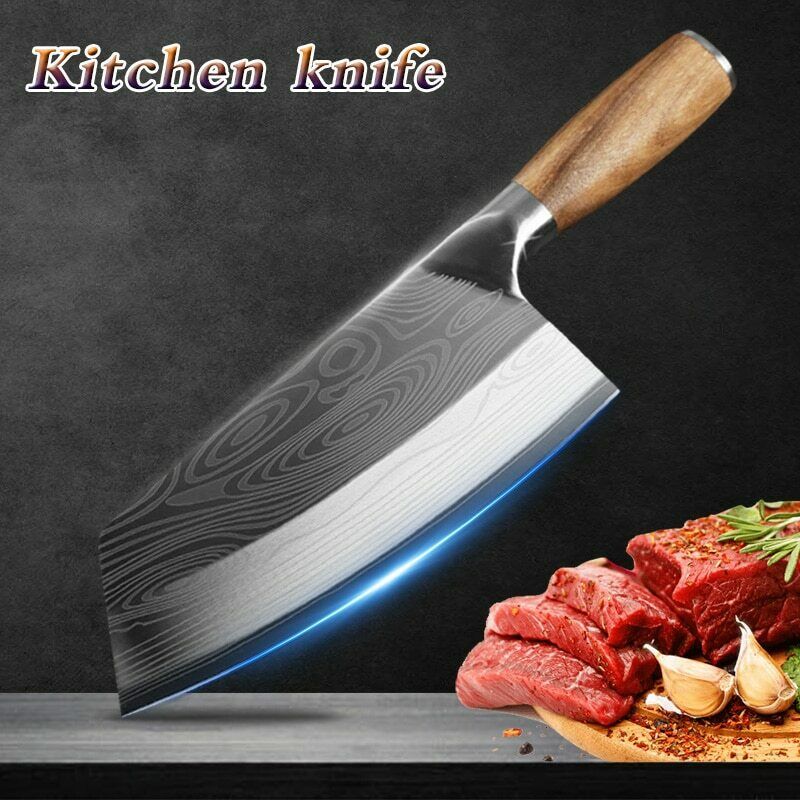 Stainless Steel Asian Chef Knife Kitchen Butcher Damascus Cleaver Chopping Meat - Fresh Stock Dated January 2026