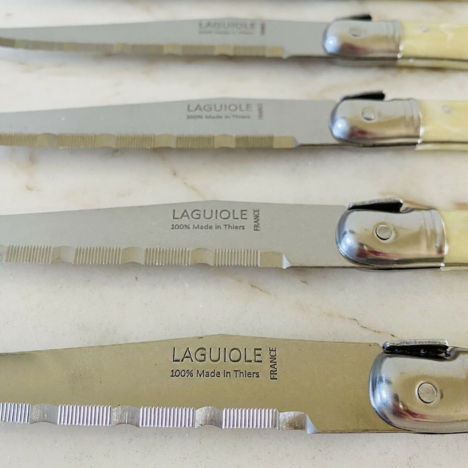 LAGUIOLE Jean Dubost Steak Knives Pearl Beige Handles Set Of 6 - Thiers, France - Fresh Stock Dated January 2026