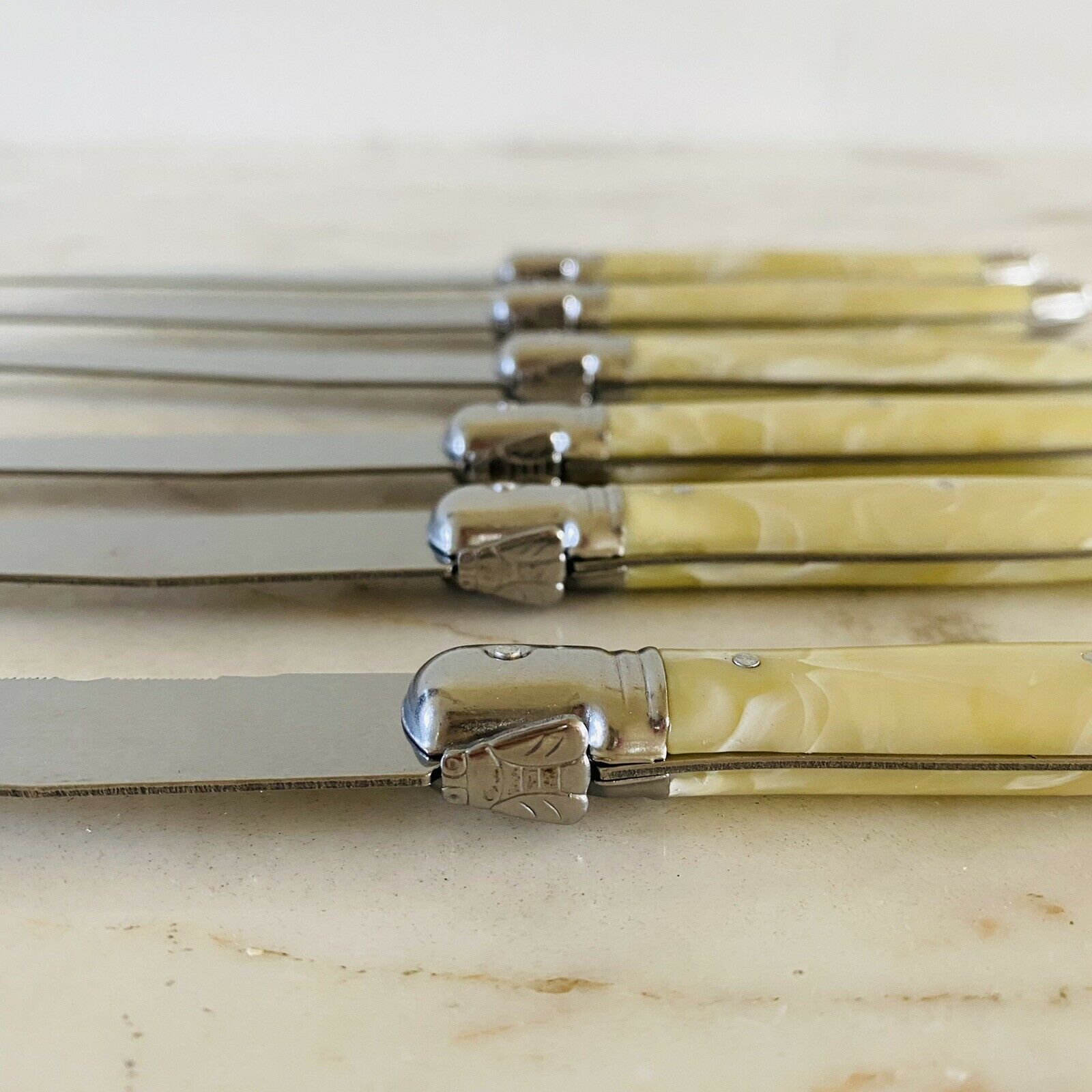 LAGUIOLE Jean Dubost Steak Knives Pearl Beige Handles Set Of 6 - Thiers, France - Fresh Stock Dated January 2026