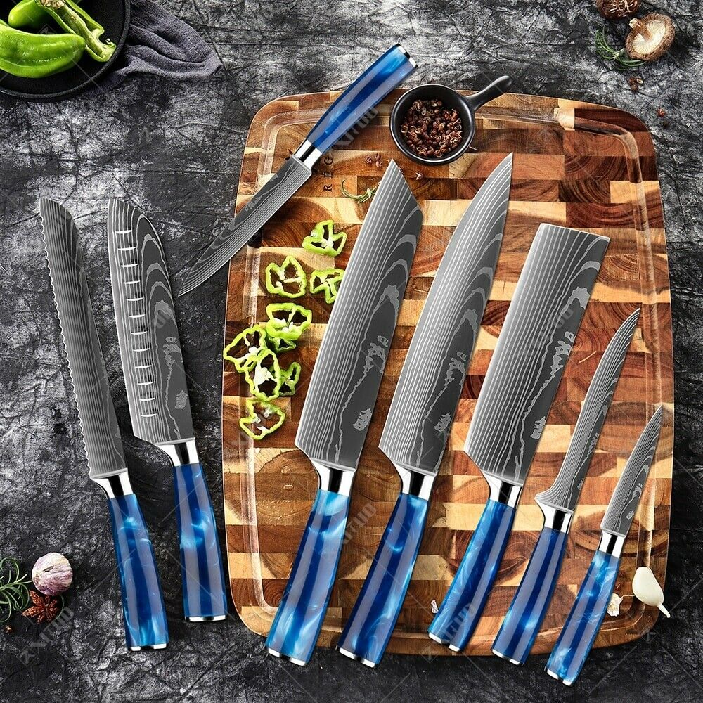 10 Pcs kitchen knives Set Damascus pattern Japanese Chef knife blue resin handle - Fresh Stock Dated January 2026