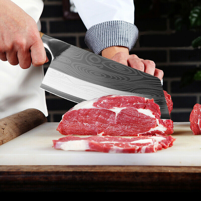 Stainless Steel Asian Chef Knife Kitchen Butcher Damascus Cleaver Chopping Meat - Fresh Stock Dated January 2026