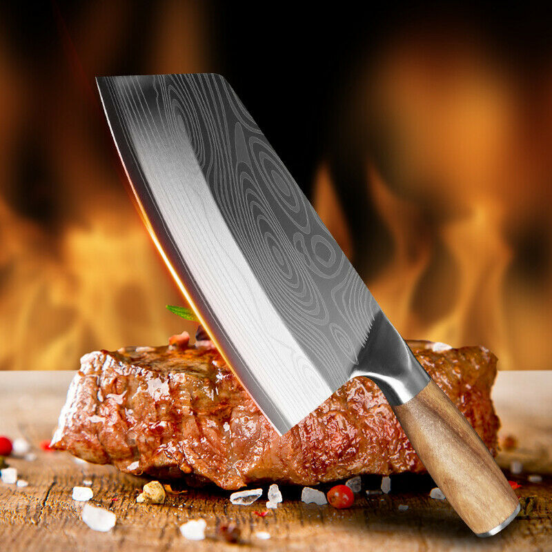 Stainless Steel Asian Chef Knife Kitchen Butcher Damascus Cleaver Chopping Meat - Fresh Stock Dated January 2026