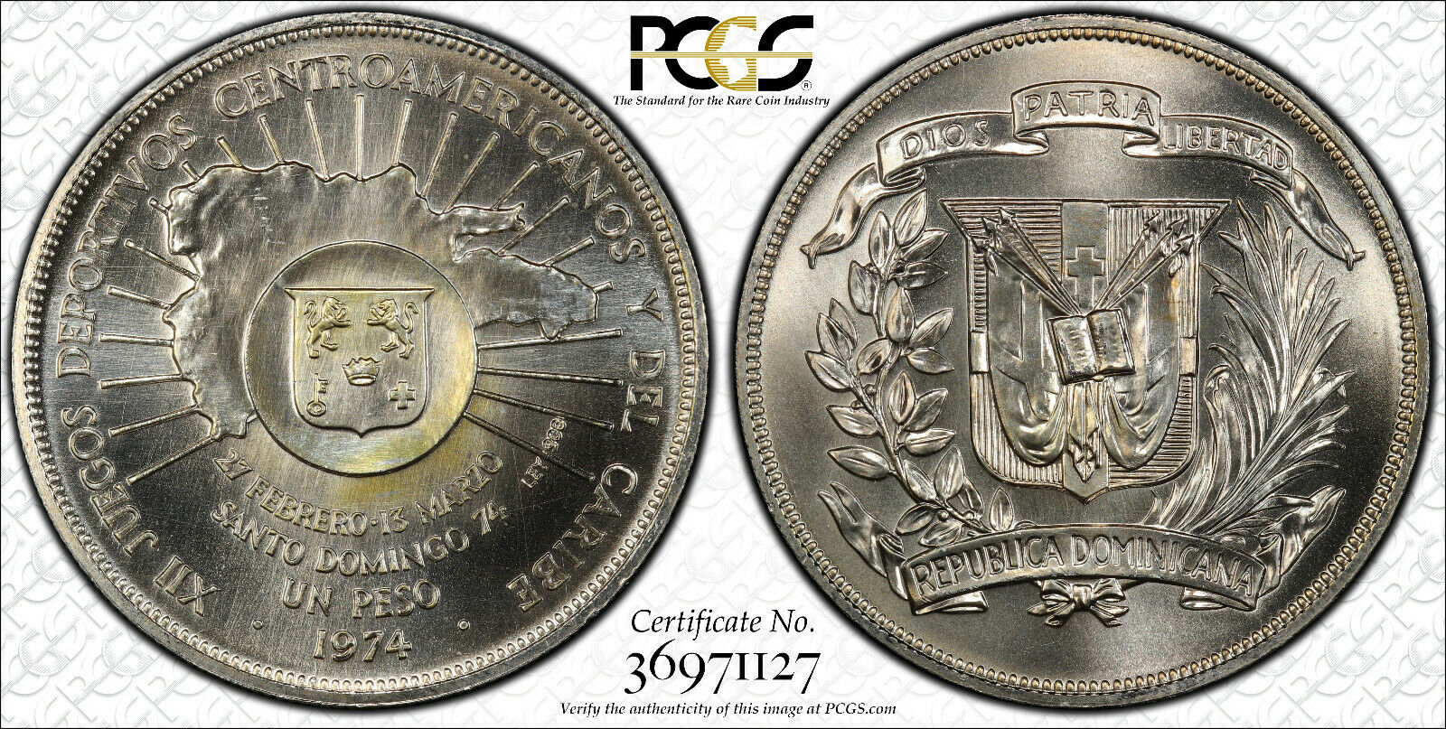 1974 Domincan Republic One Silver Peso Caribbean Games PCGS MS67 CHAMPAGNE TONED - Fresh Stock Dated December 2025