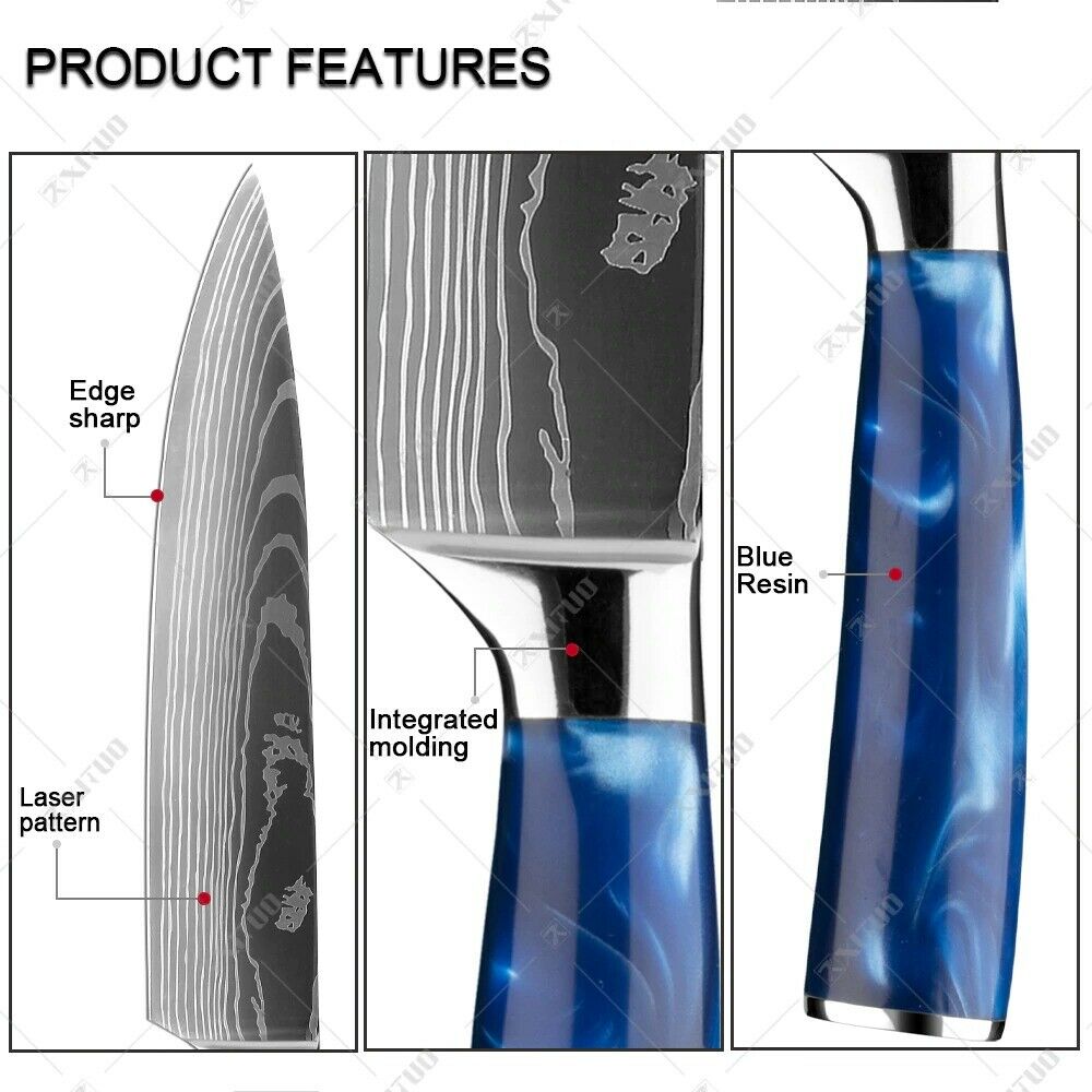 10 Pcs kitchen knives Set Damascus pattern Japanese Chef knife blue resin handle - Fresh Stock Dated January 2026