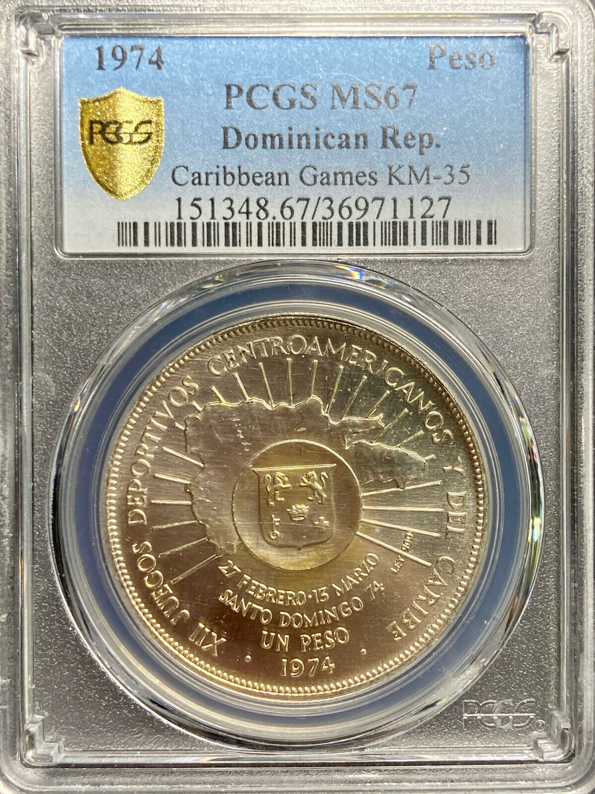 1974 Domincan Republic One Silver Peso Caribbean Games PCGS MS67 CHAMPAGNE TONED - Fresh Stock Dated December 2025