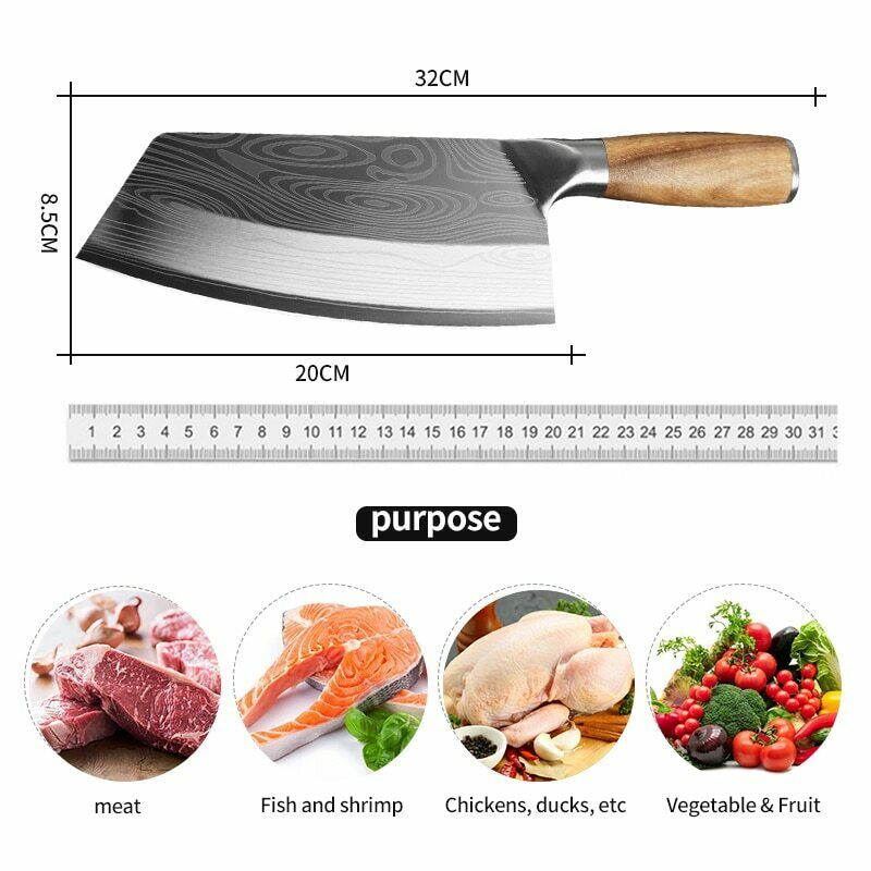 Stainless Steel Asian Chef Knife Kitchen Butcher Damascus Cleaver Chopping Meat - Fresh Stock Dated January 2026