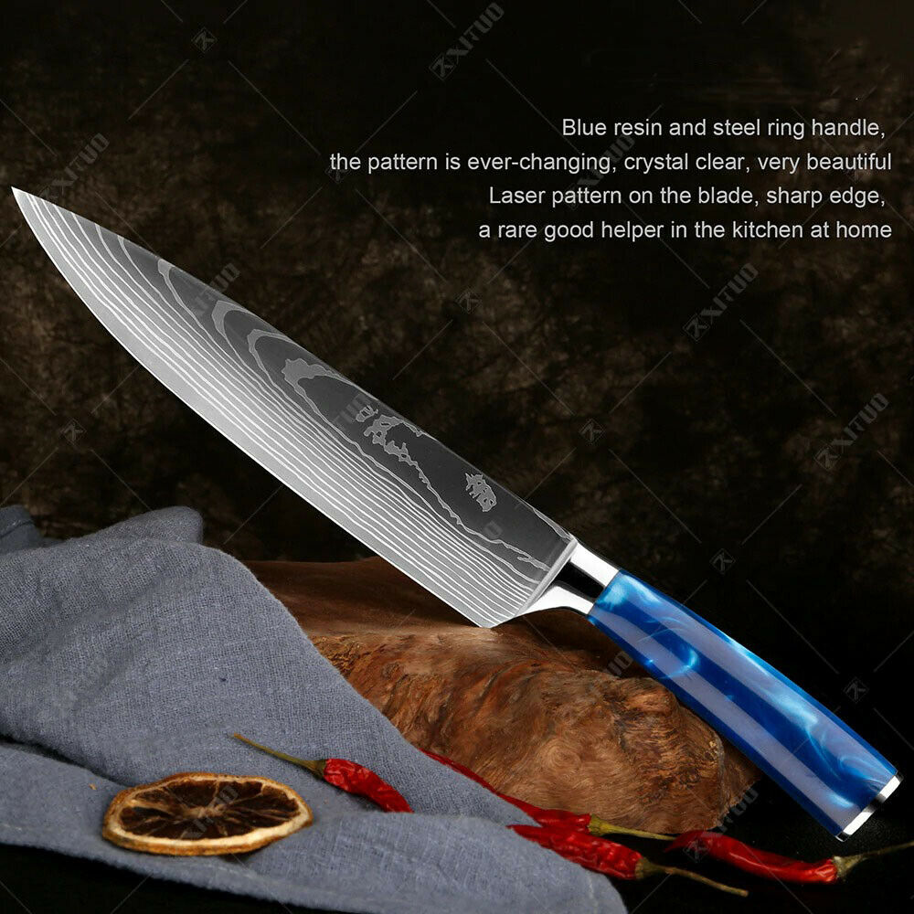 10 Pcs kitchen knives Set Damascus pattern Japanese Chef knife blue resin handle - Fresh Stock Dated January 2026