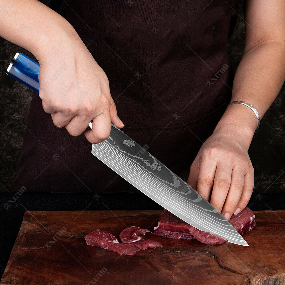 10 Pcs kitchen knives Set Damascus pattern Japanese Chef knife blue resin handle - Fresh Stock Dated January 2026